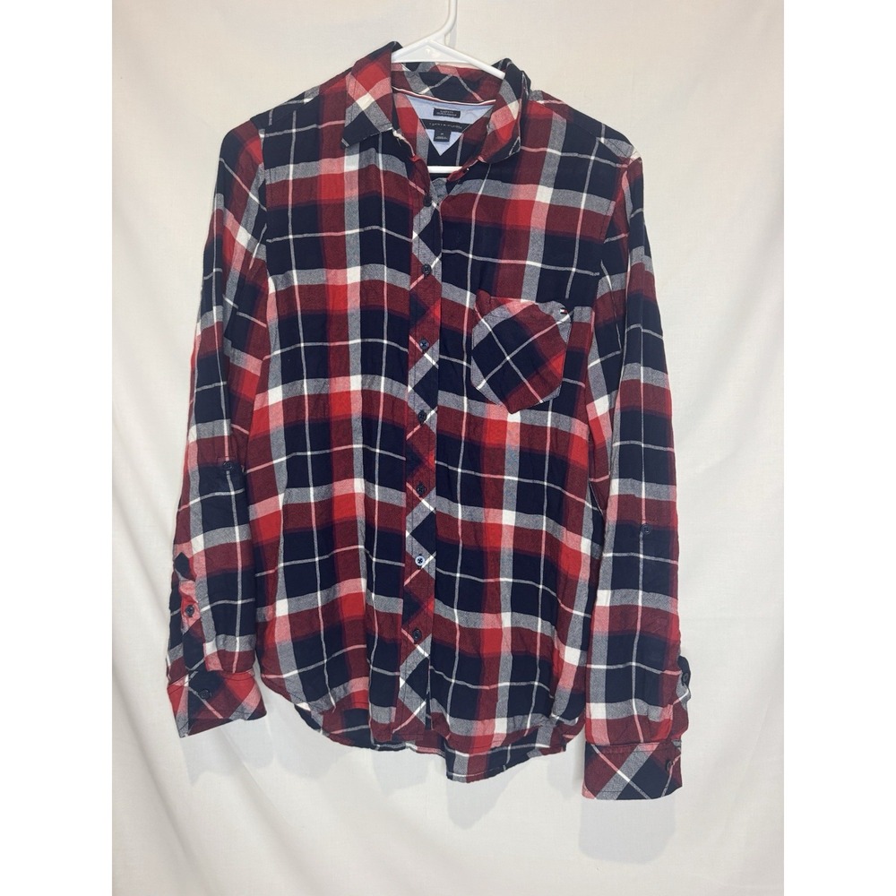 Tommy Hilfiger Women's M Plaid Button Up Shirt Roll Tab Sleeves Red Navy